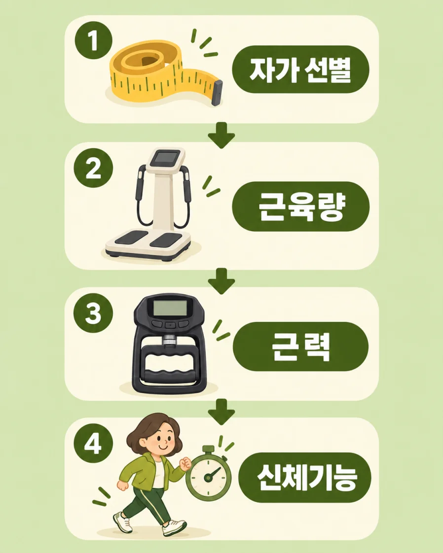 근감소증 병원 검사 흐름을 표현한 일러스트