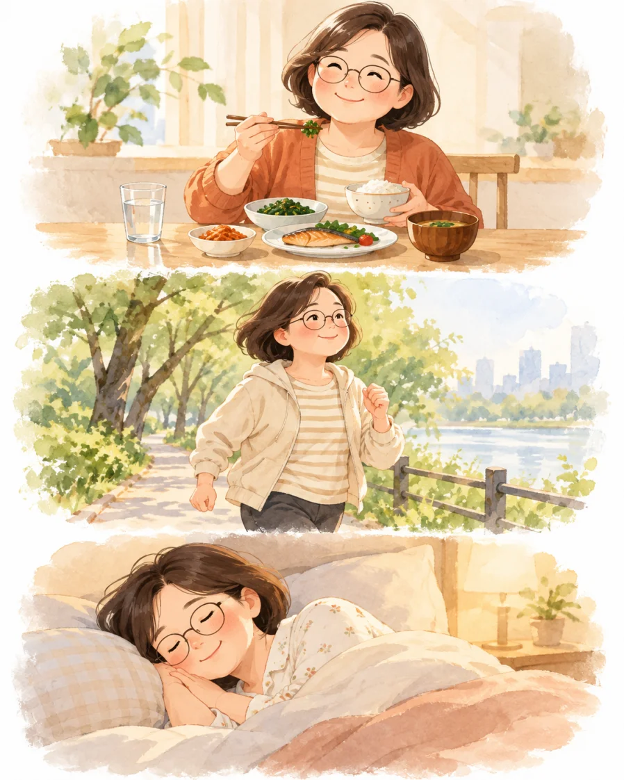 식사, 걷기 활동, 수면을 수채화 느낌으로 표현한 일러스트