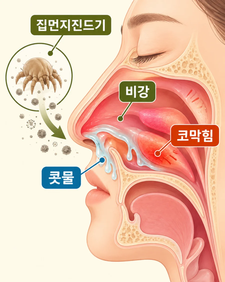알레르기 비염에서 코 점막 반응이 일어나는 과정을 표현한 의학 일러스트