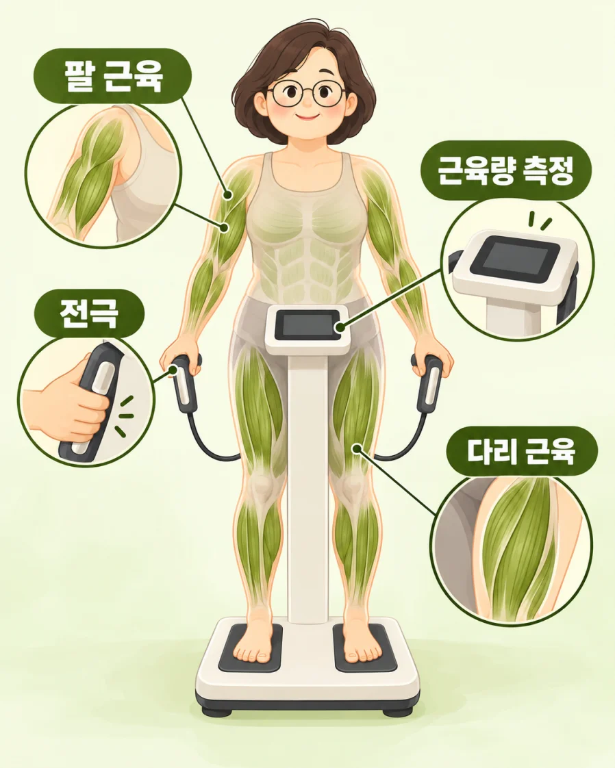 인바디로 팔다리 근육량을 측정하는 원리를 표현한 의학 일러스트
