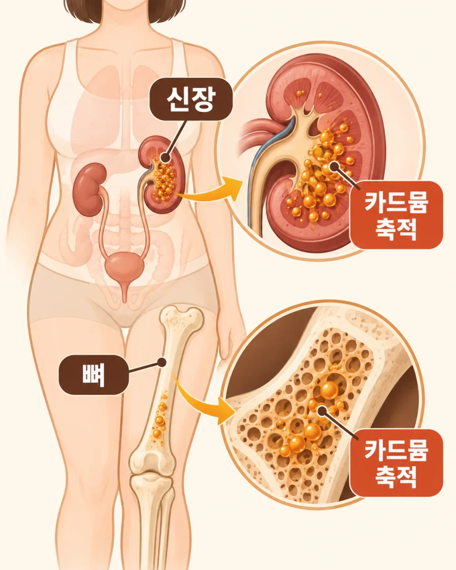 카드뮴이 신장과 뼈에 쌓이는 과정을 표현한 의학 일러스트