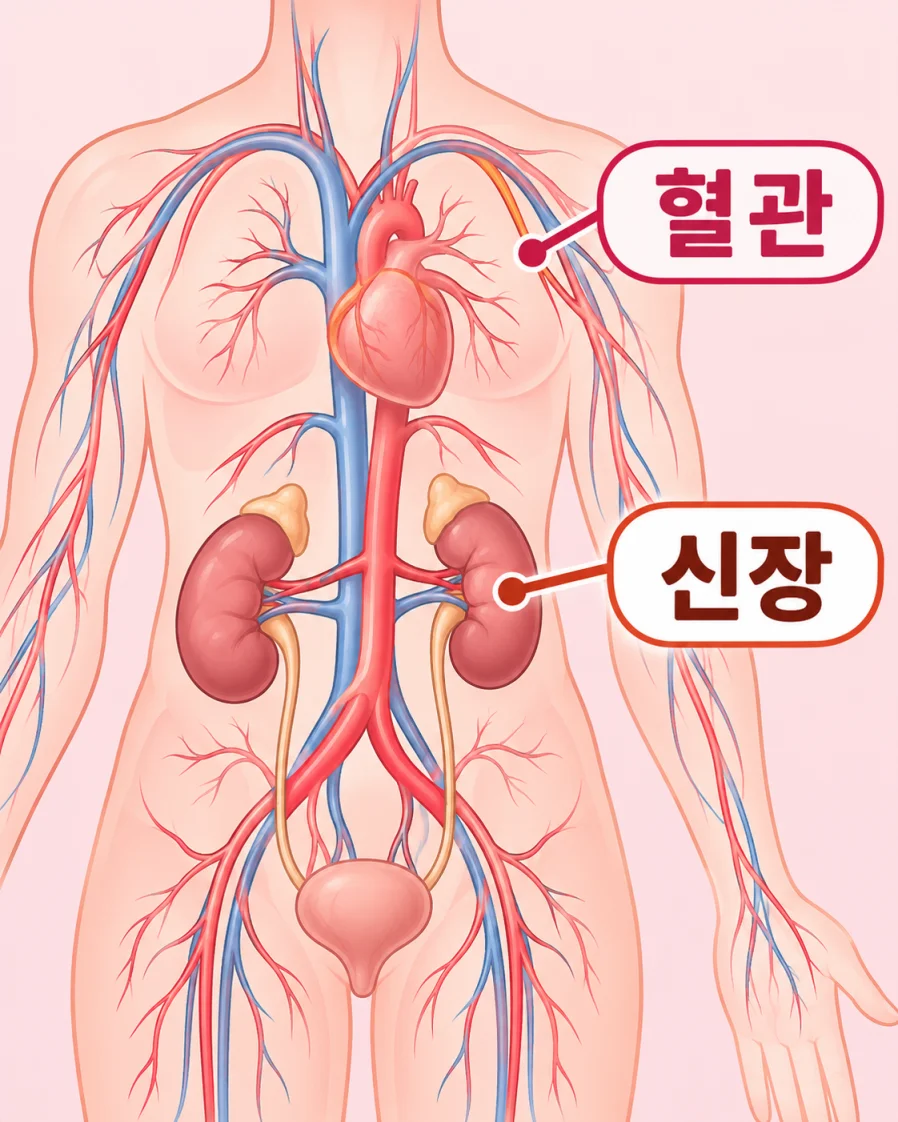 혈관과 신장의 위치를 표현한 의학 일러스트