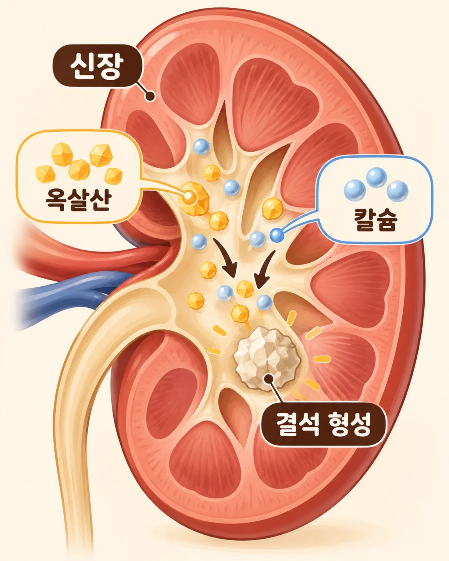 옥살산과 칼슘이 결합해 신장 결석이 생기는 과정을 표현한 의학 일러스트