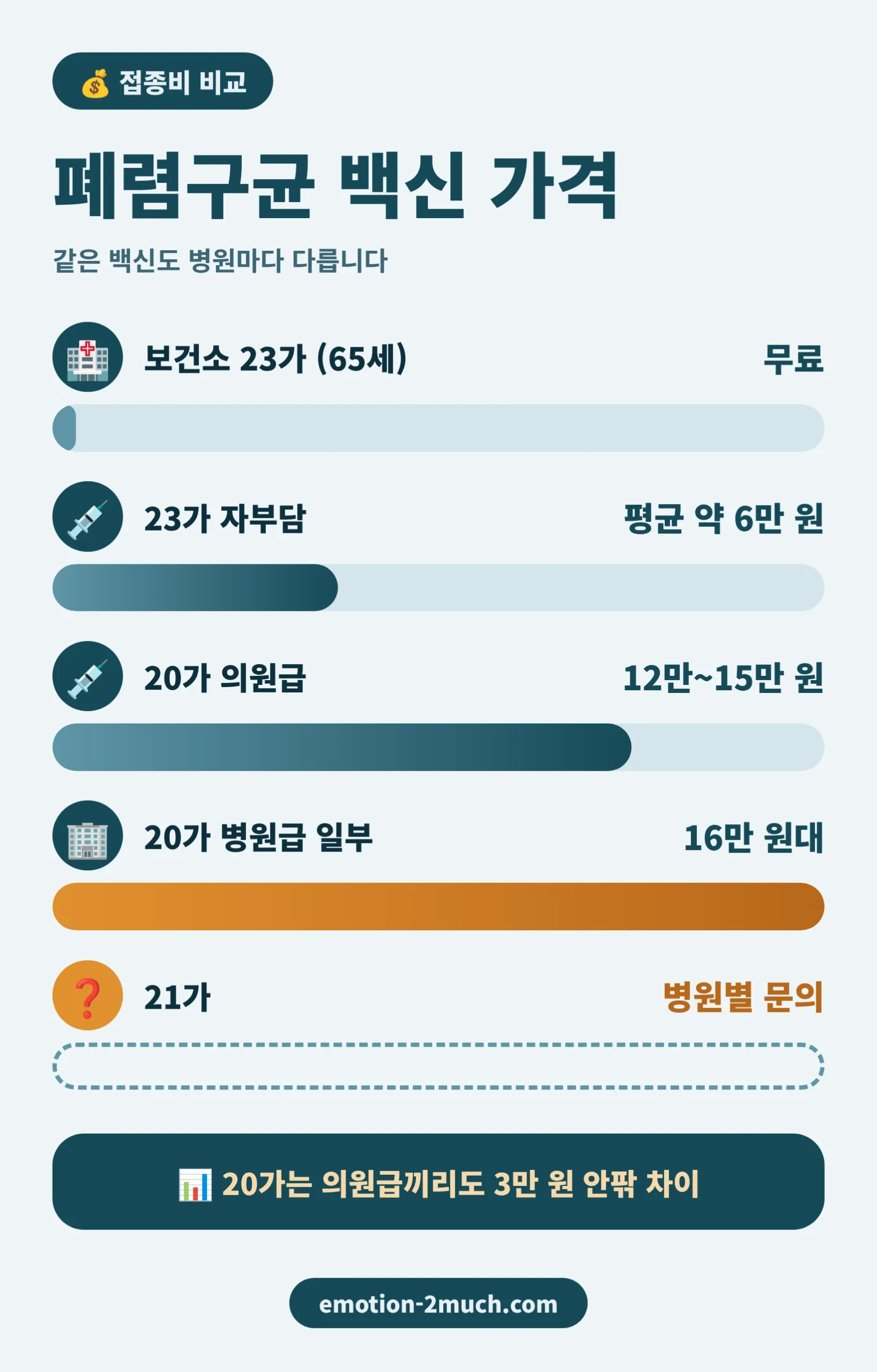 폐렴구균 백신 가격을 보건소 무료, 23가, 20가 접종비로 비교한 인포그래픽