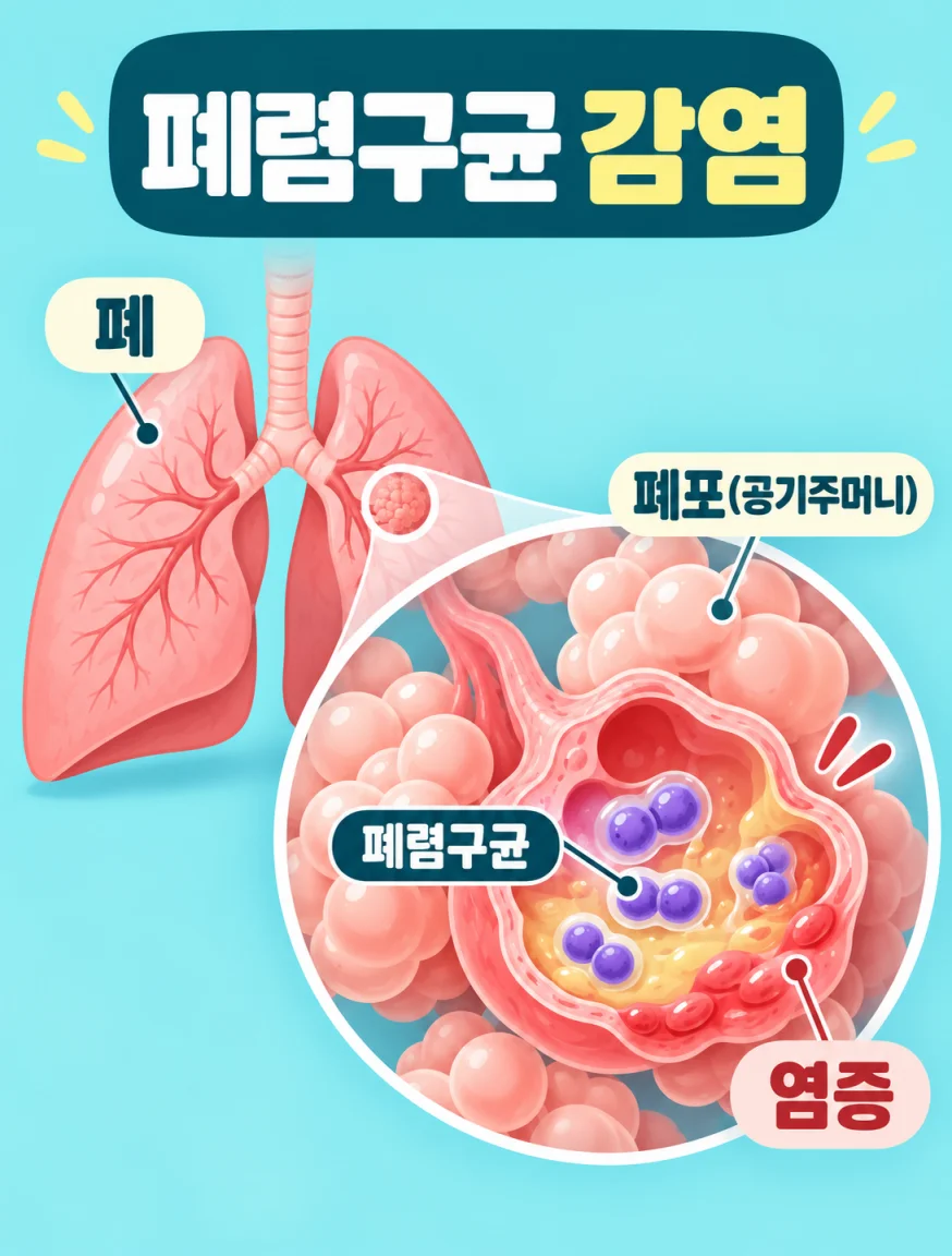 폐렴구균이 폐 속 공기주머니에서 염증을 일으키는 모습을 표현한 의학 일러스트