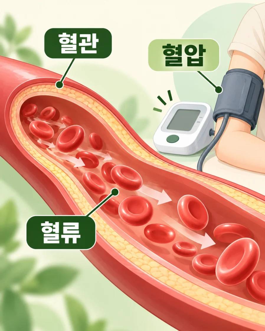혈관 속 혈류와 혈압 측정을 표현한 의학 일러스트