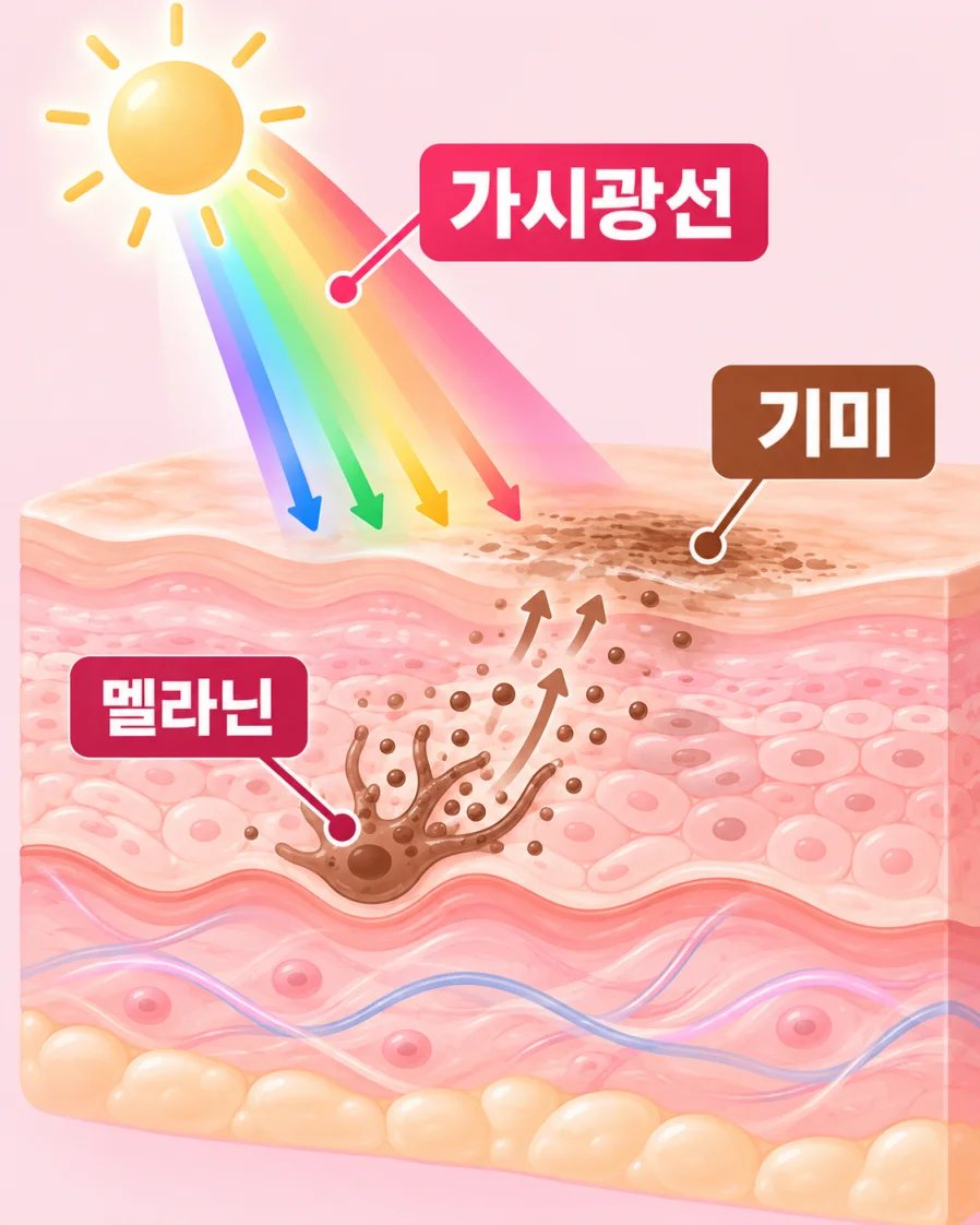 가시광선이 피부 속 멜라닌 생성에 영향을 주는 과정을 표현한 의학 일러스트