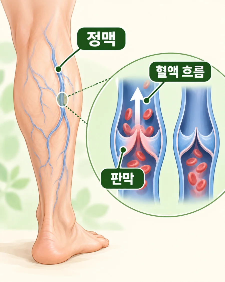 다리 정맥과 판막, 혈액 흐름을 보여주는 의학 일러스트