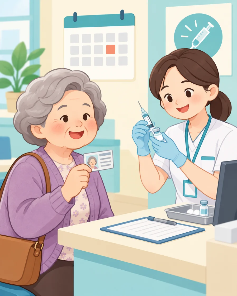 보건소에서 65세 폐렴구균 무료 접종 안내를 받는 모습을 표현한 일러스트