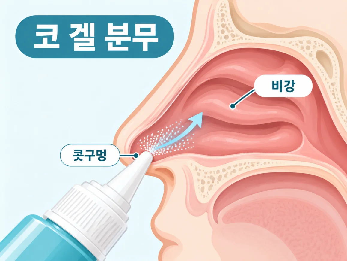 코 안쪽 비강 구조와 코 겔 분무 위치를 표현한 의학 일러스트