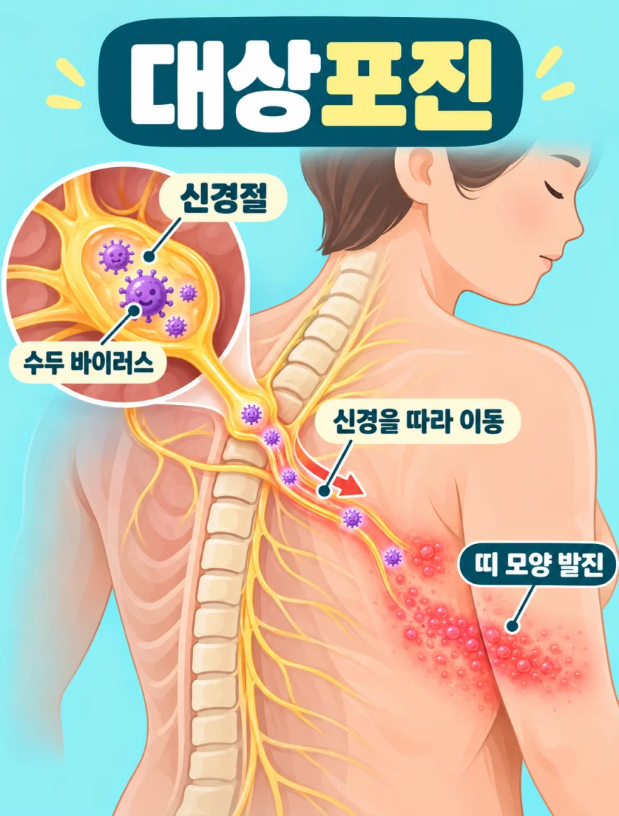 신경절에 잠복한 수두 바이러스가 다시 활성화되어 띠 모양 발진을 만드는 과정의 의학 일러스트