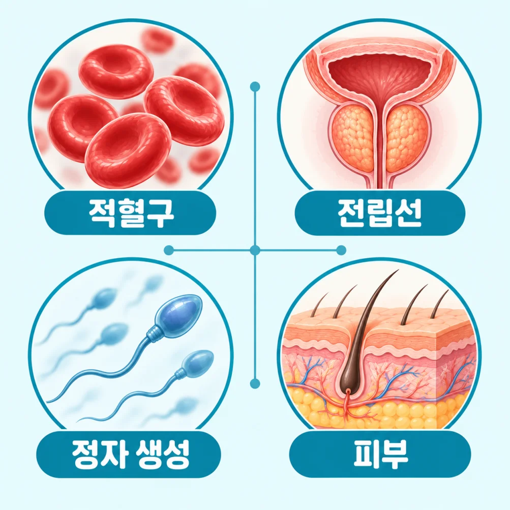 호르몬 치료 후 확인하는 적혈구, 전립선, 정자, 피부를 표현한 의학 일러스트