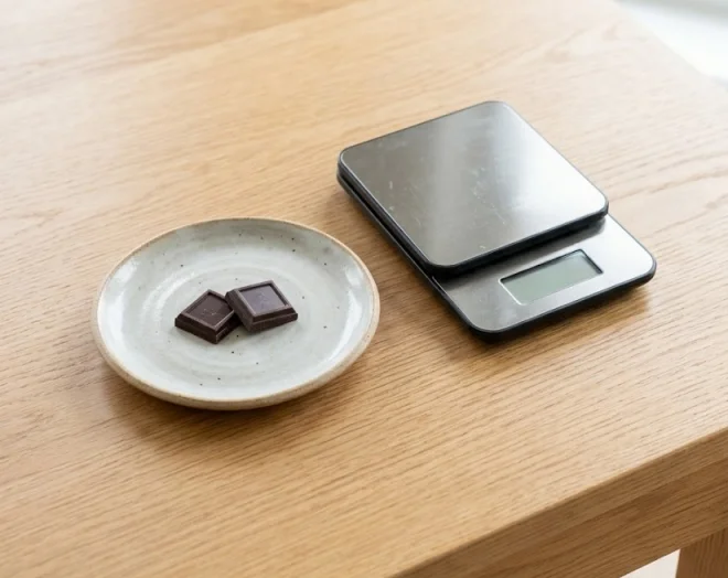 작은 접시에 담은 다크초콜릿 두 조각과 주방 저울