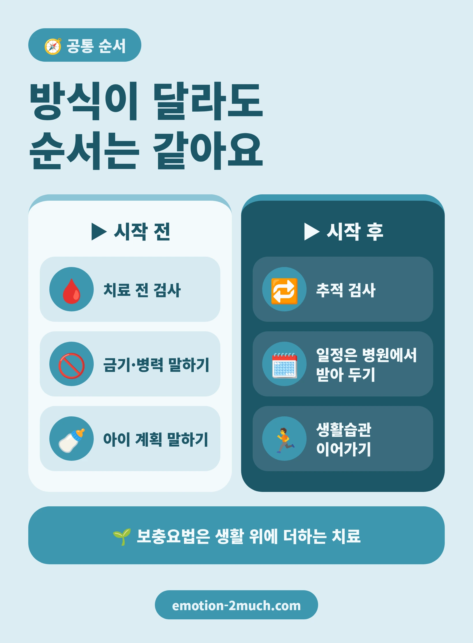 보충요법 시작 전과 시작 후에 공통으로 확인할 것을 정리한 인포그래픽