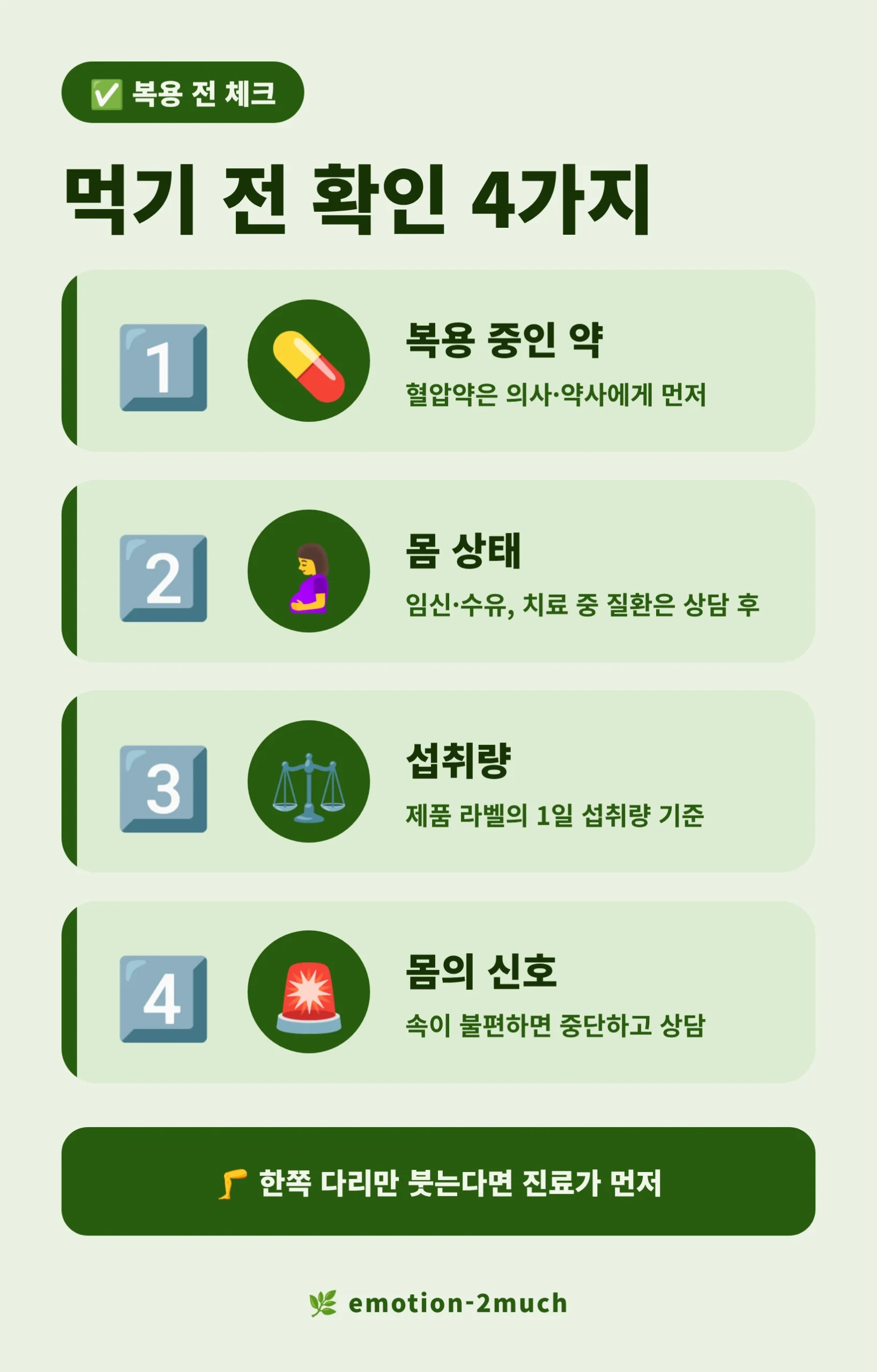 영양제 복용 전 확인할 4가지를 정리한 인포그래픽