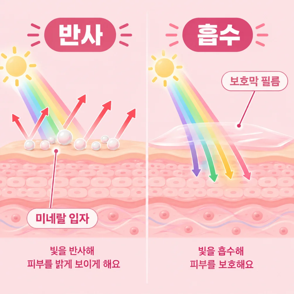 무기 차단제의 반사와 유기 차단제의 흡수 방식을 비교한 플랫 일러스트