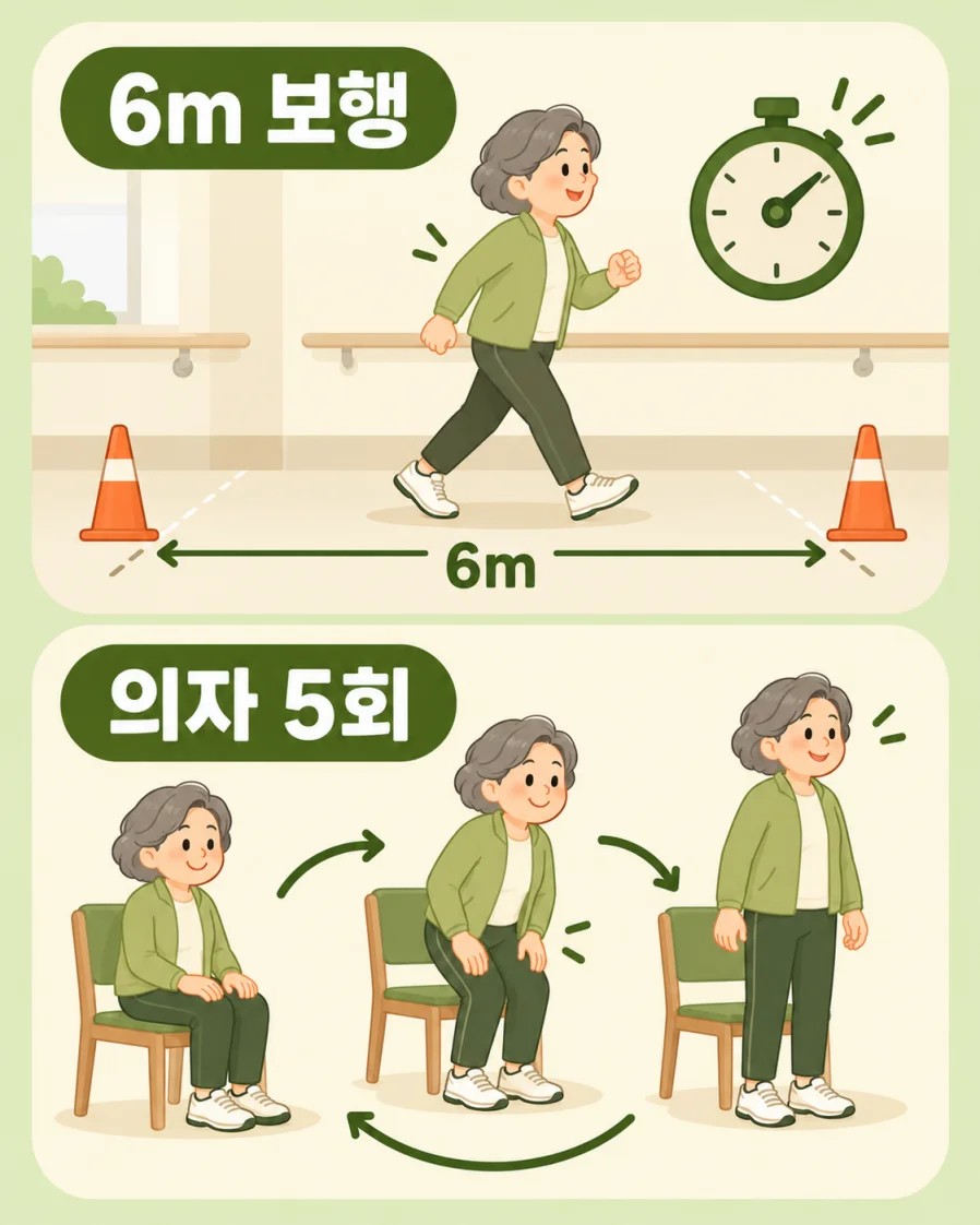 6m 보행속도와 의자 일어서기 검사를 표현한 일러스트
