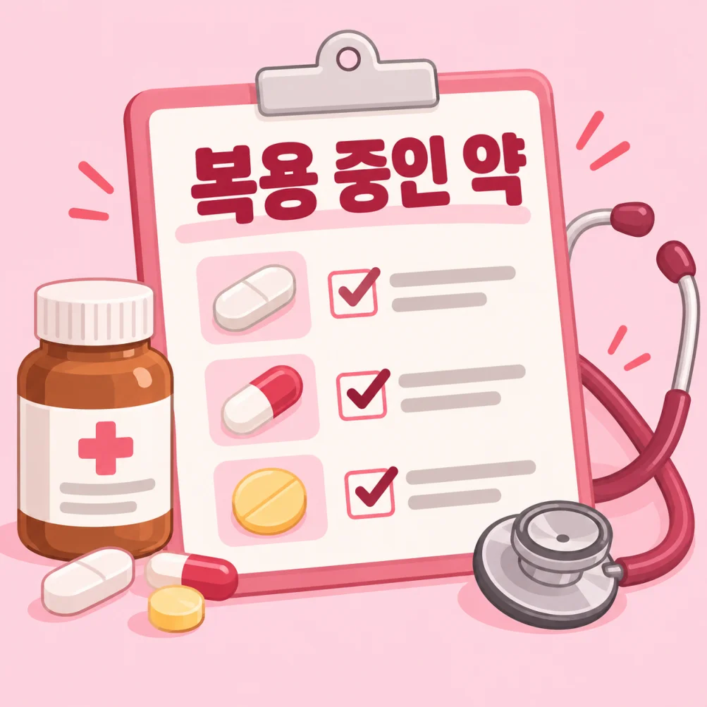 복용 중인 약을 메모해 의료진에게 알리는 모습을 표현한 플랫 일러스트