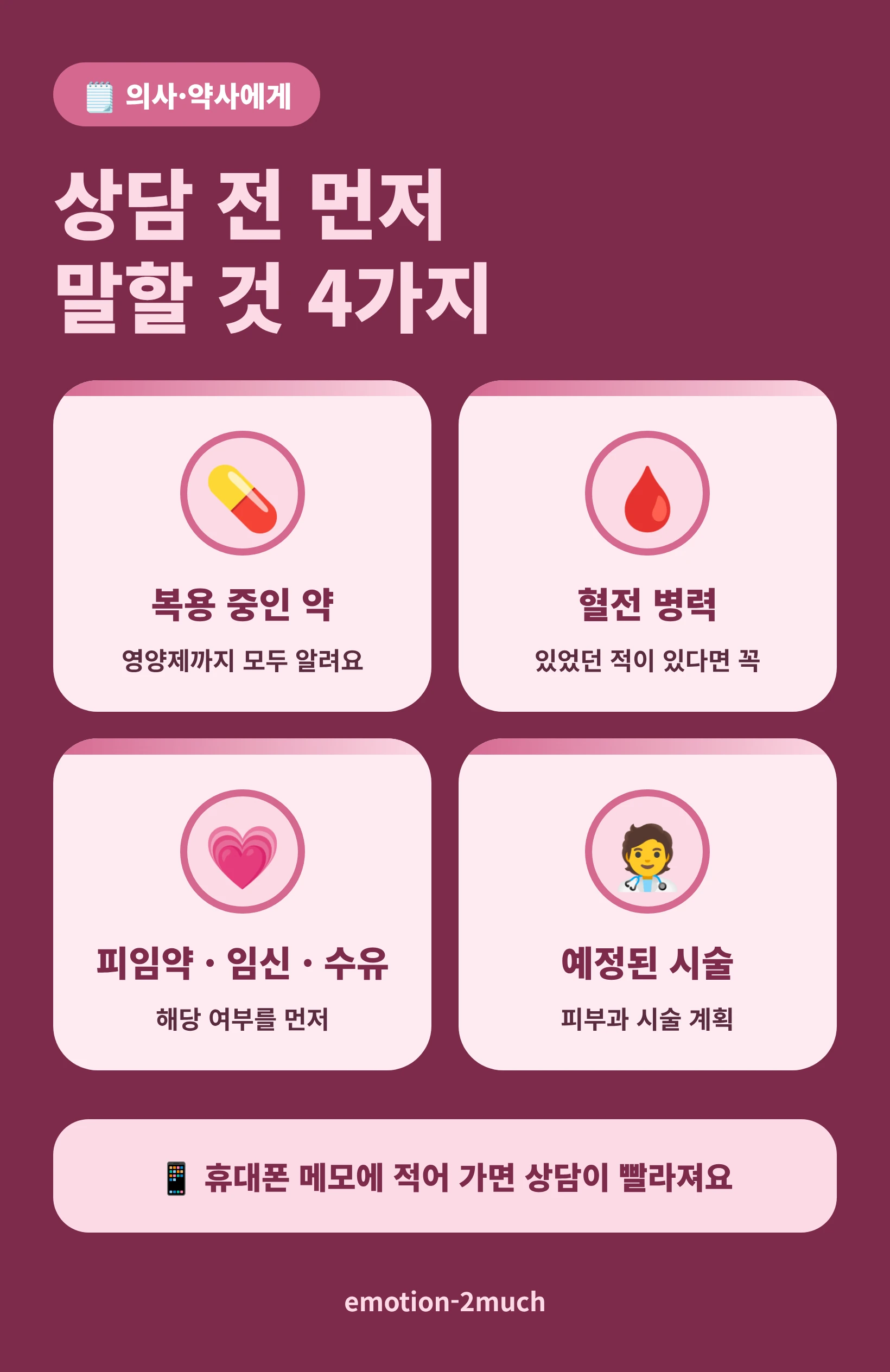 피부과 상담 전 의사와 약사에게 알릴 4가지를 정리한 인포그래픽