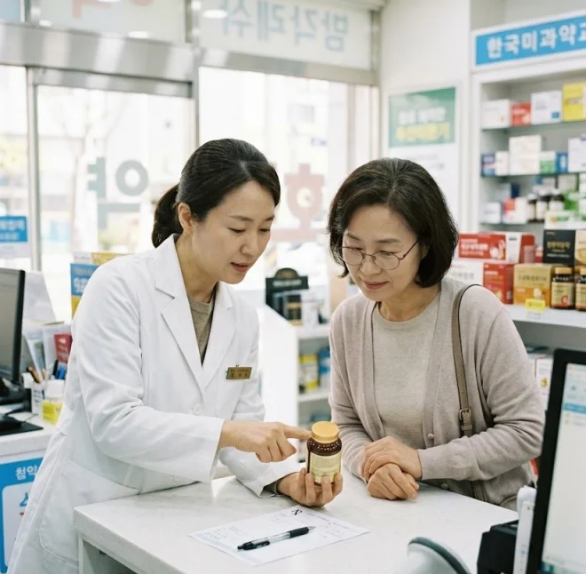 약사와 비염 영양제 라벨을 함께 확인하는 모습