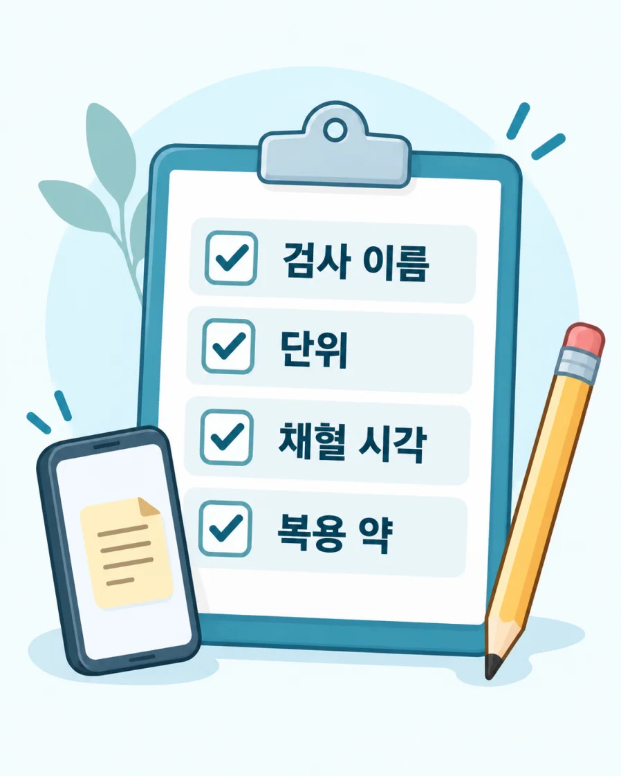 진료실에 가져갈 검사 결과지 질문 메모 체크리스트 일러스트